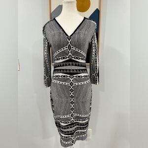 Yoana Baraschi 3/4-Sleeve Black & White Tribal-Print Body Con Dress, Size XS